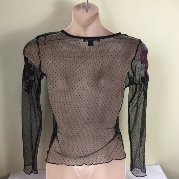 American Eagle AEO Sheer Mesh Flowers Embroidery Rose Stretch Top Shirt Y2K Boho - Picture 3 of 16